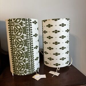 Ten Thousand Villages Silk Paper & Metal Lamp Set, Bangladesh, Avocado Green NOS
